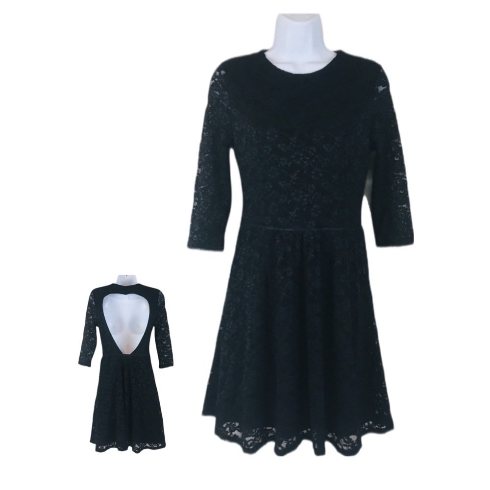 Victorias Secret Black Lace Open Back 3/4 Sleeve Skater Dress XS LBD